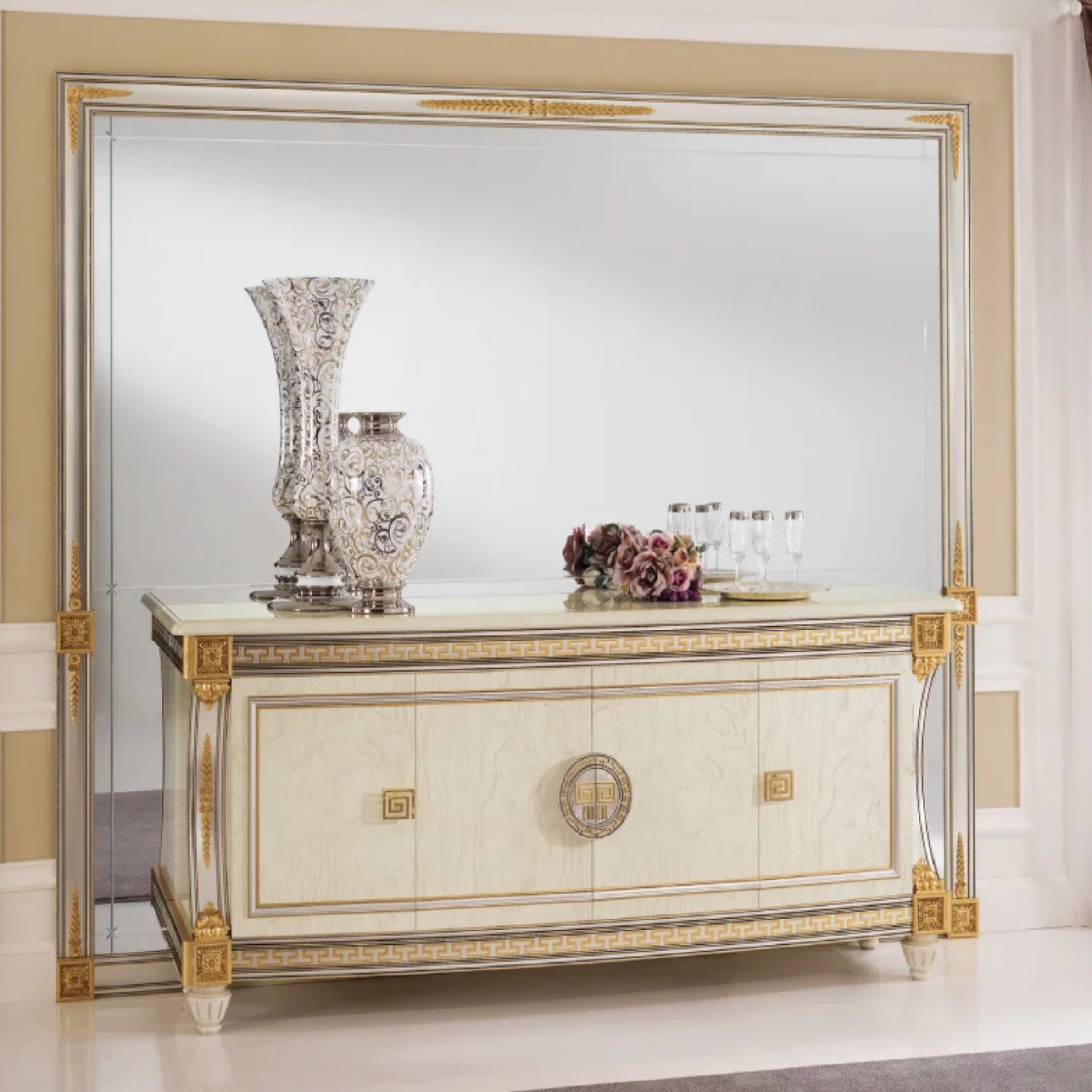 A luxury champagne-colored sideboard with gold accents and a large matching mirror featuring intricate gold detailing. — Cast