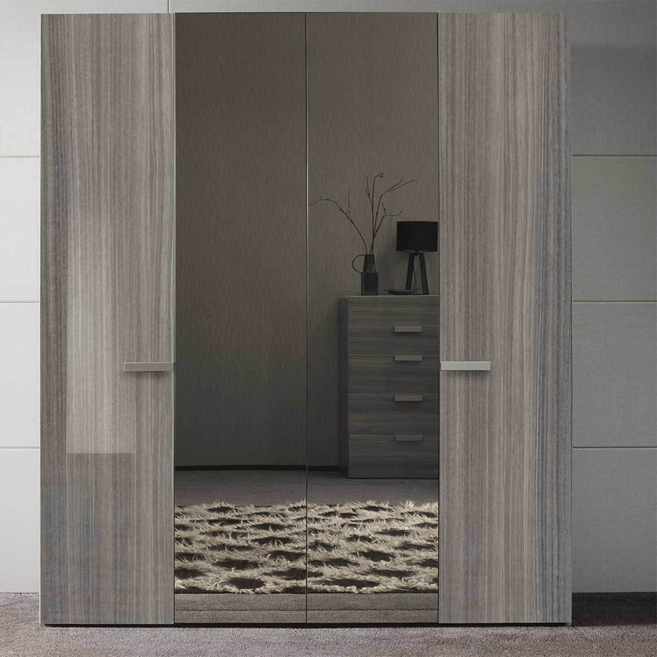 A modern large wardrobe with mirrored center doors and grey wood-grain side panels standing in a minimalist room. — Castle Fu