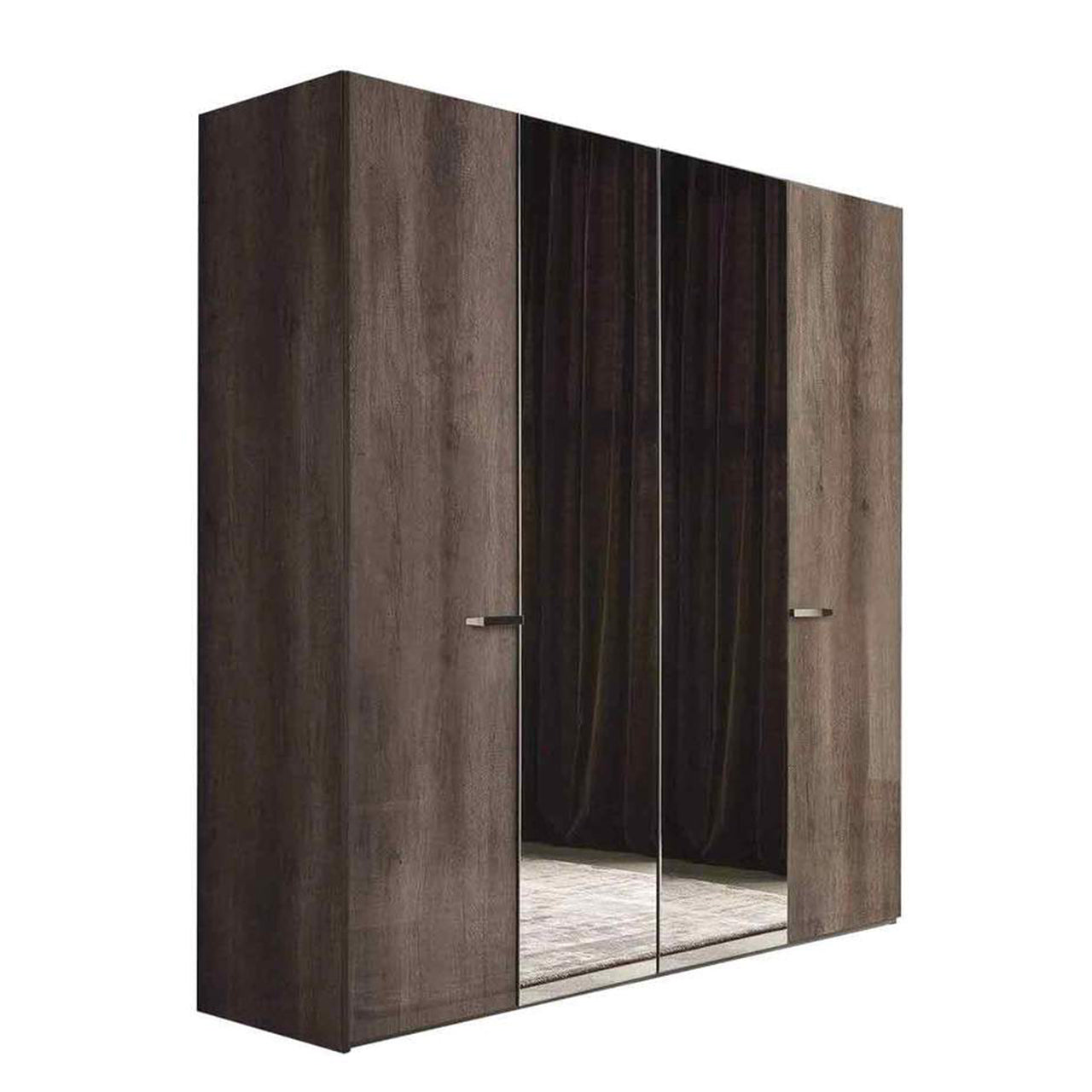 A three-door wardrobe with dark wood finish and mirrored central doors stands against a white background. — Castle Furniture